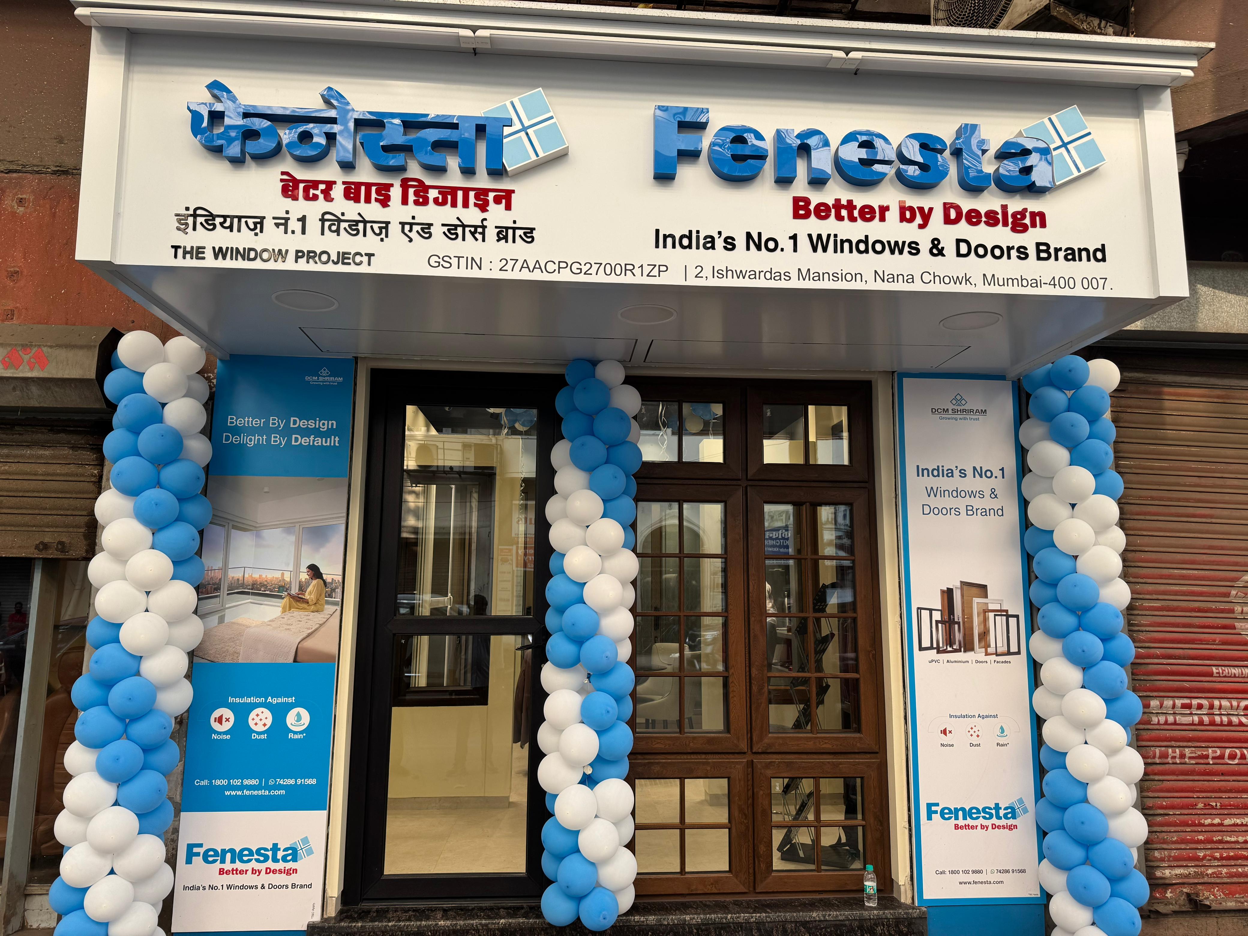 The Window Project Fenesta showroom storefront in Nana Chowk Mumbai decorated for opening