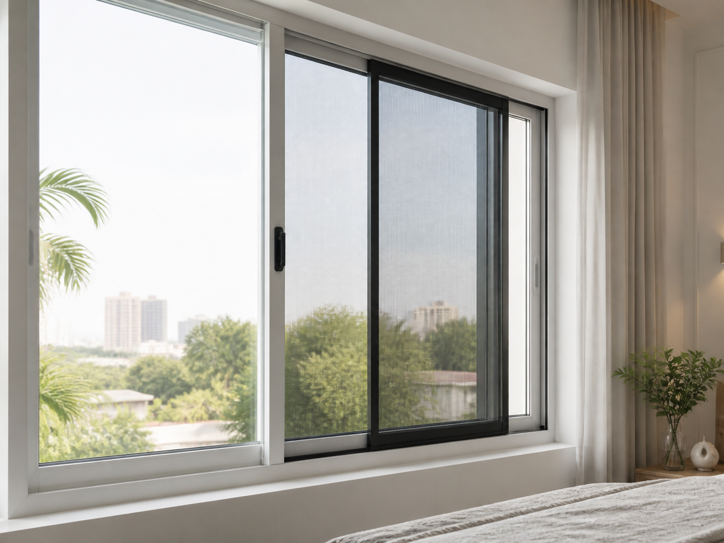 Pristine white window with integrated black mosquito mesh track