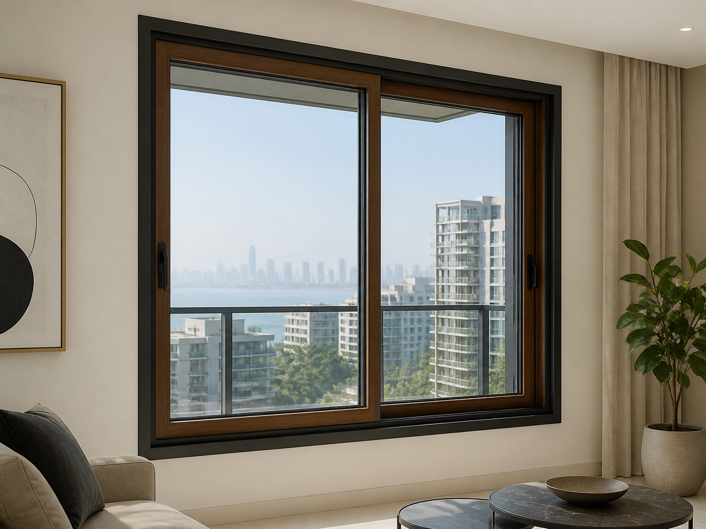 Walnut and black premium sliding window for a modern Mumbai apartment